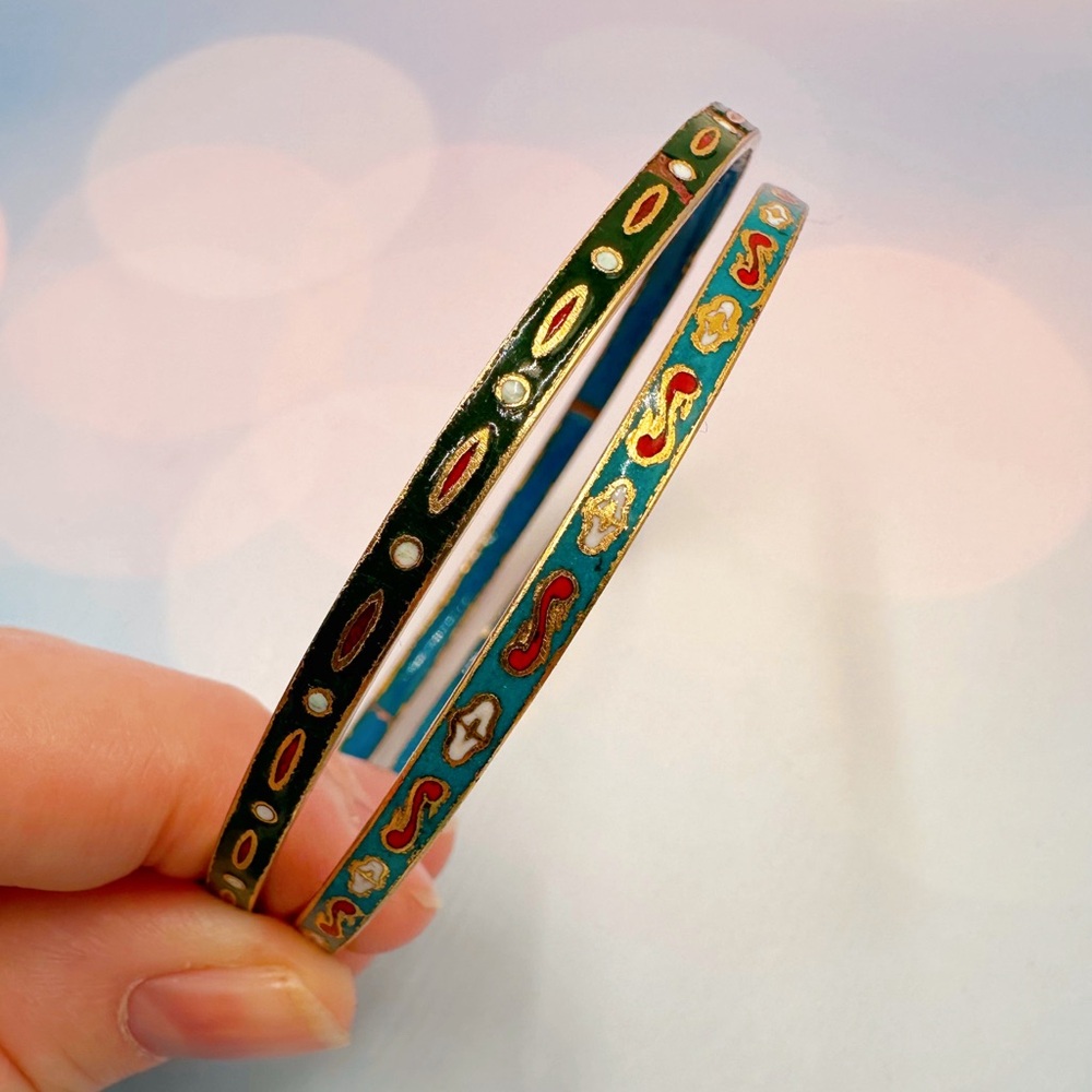 Set of 2 Vintage Bangle Cloisonné Bracelet Thin Overized 8.5